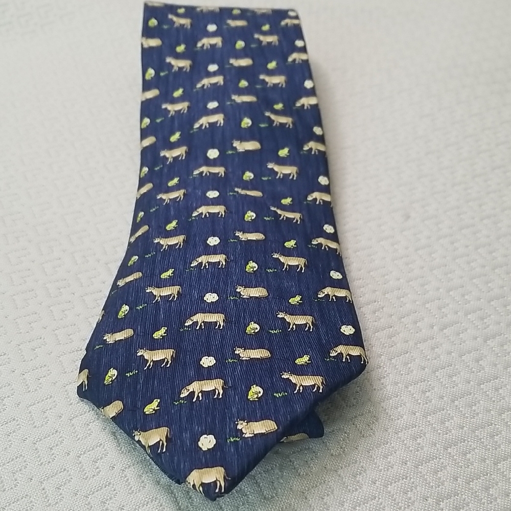 HERMES Mens Blue Ox And Frog tie 100% silk made in France EUC